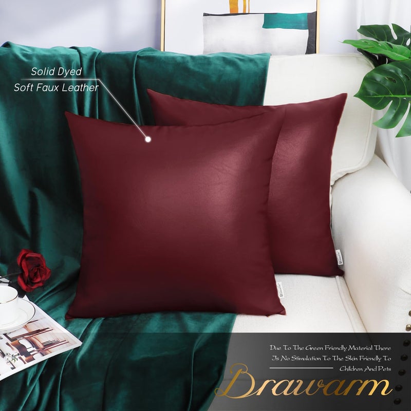 BRAWARM Faux Leather Throw Pillow Covers 20 X 20 Inches - Burgundy Leather Pilow Covers Pack of 2, Solid Dyed Leather Pillowcases for Couch Bed Sofa Garden Home Decorative - Image 2
